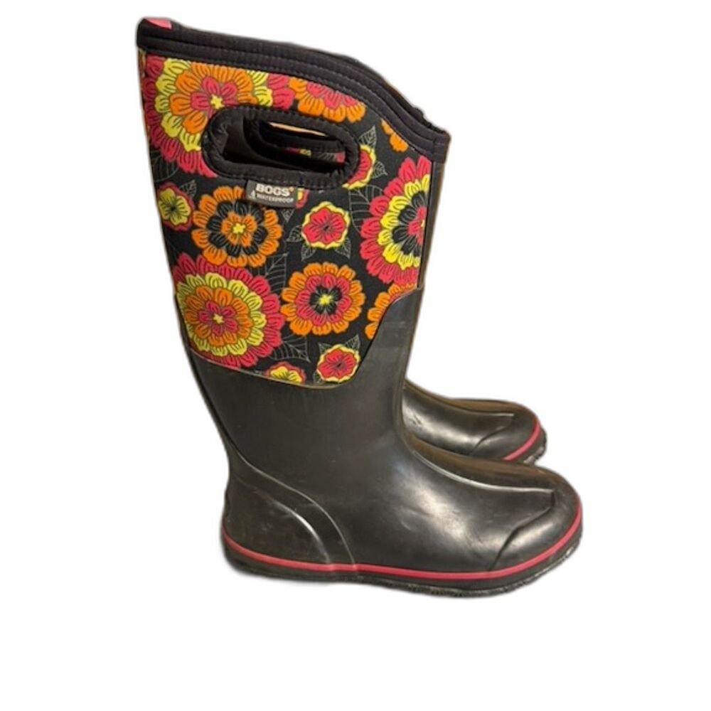 BOGS Tall Waterproof Boots Womens 9 Black Floral Neoprene Rain Winter Boots